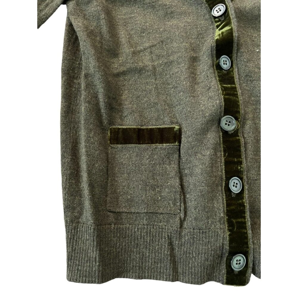 J. Crew Cardigan Small Green Merino Wool Blend Button Down Sweater Velvet Trim - Picture 4 of 6